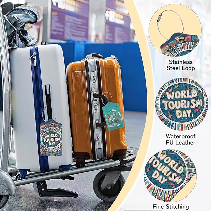 Travel Around The World Luggage Tags for Suitcase,3 Pack Go Travel Flight Views Luggage Tag Leather Privacy Cover ID Label with Stainless Steel Loop for Women Men