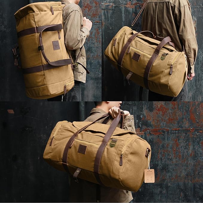 60L Duffle Bag for Men, Nomad Waxed Canvas Travel Duffel Bag Vintage Genuine Leather Travel Handbag Upgraded Weekender Overnight Backpack with Shoes Compartment (Khaki, X Large-60L)
