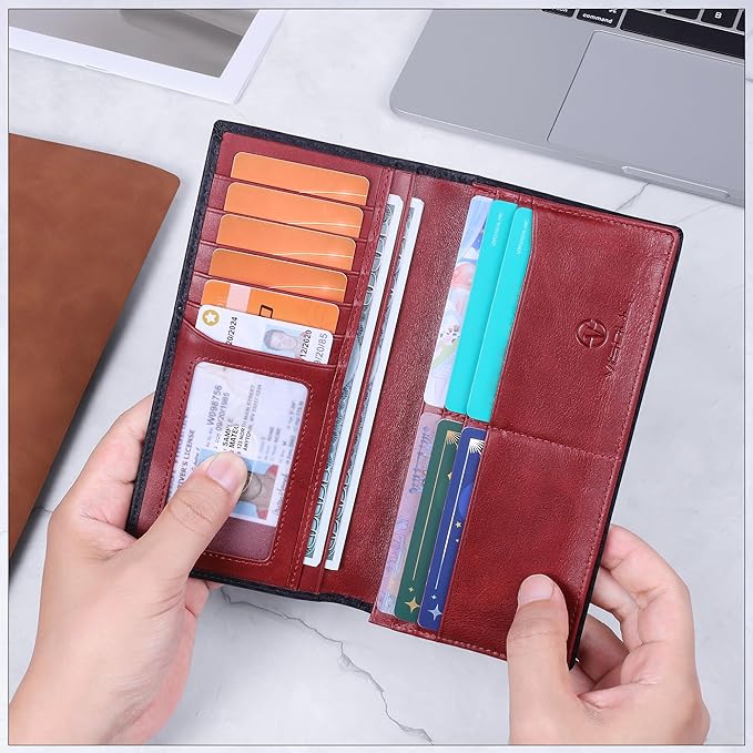 VISOUL Mens Leather Long Checkbook Bifold Wallets with RFID Blocking, Carbon Fiber Leather Tall Wallets for Men (Black+Burgundy)