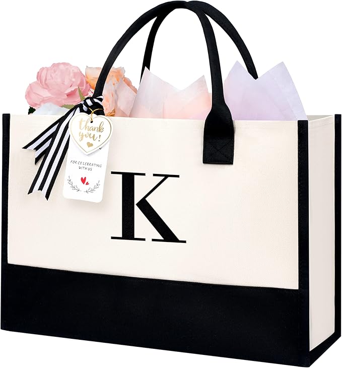 BAGAIL Initial Tote Bag, Personalized Birthday Gifts for Women, Teacher, Friends, Mom, Wedding, Monogrammed Beach Bag