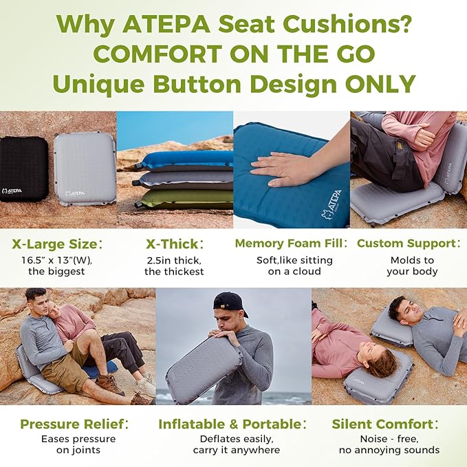 ATEPA Inflatable Stadium Seat Cushion, Self-Inflating Memory Foam Stadium Seats Bleacher Seat Chair Cushion Pad for Airplane Travel Backpacking Sports Events