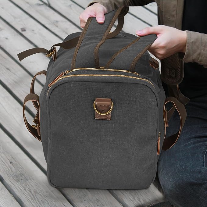 Vintage Canvas Duffle Bag, 50L Genuine Leather Travel Duffel Backpack Multifunctional Overnight Weekender Bag with Shoes Compartment Men (Black)