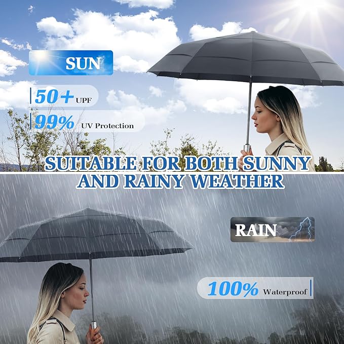 3T Wind Armor Travel Umbrella Compact Easy Auto Open Close Folding Umbrellas for Rain Windproof Umbrella for Women and Men Durable Real Wood Handle Portable Fits Backpack Car
