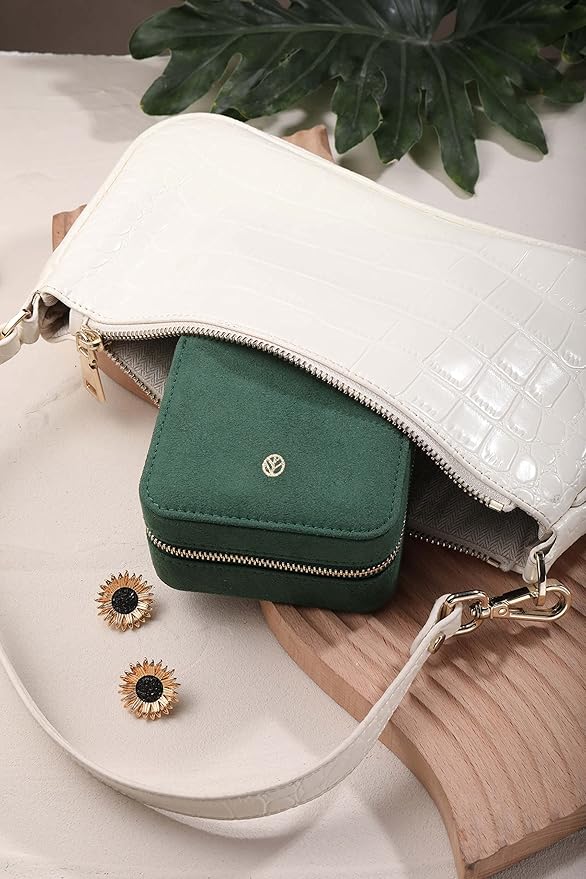 S.Leaf Travel Jewelry Organizer Travel Jewelry Boxes for Women Small Jewelry Travel Case Box Portable Travel Jewelry Case Travel Case Mini Jewelry (08_Suede_Touch_Emerald)