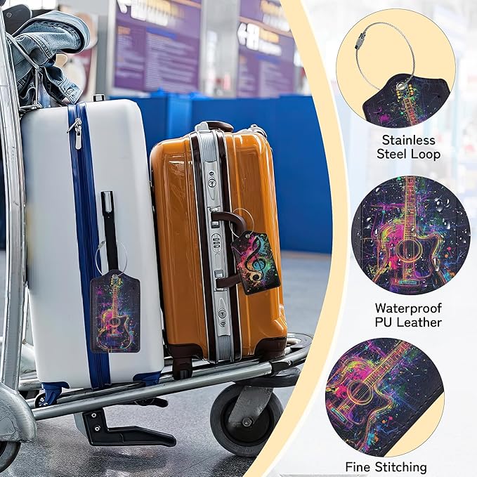 3 Pack Music Luggage Tags for Suitcases, Note Headphones Guitar Cute Leather Name Tag with Privacy Cover with Stainless Steel Loops, Travel ID Bag Tags for Women Men