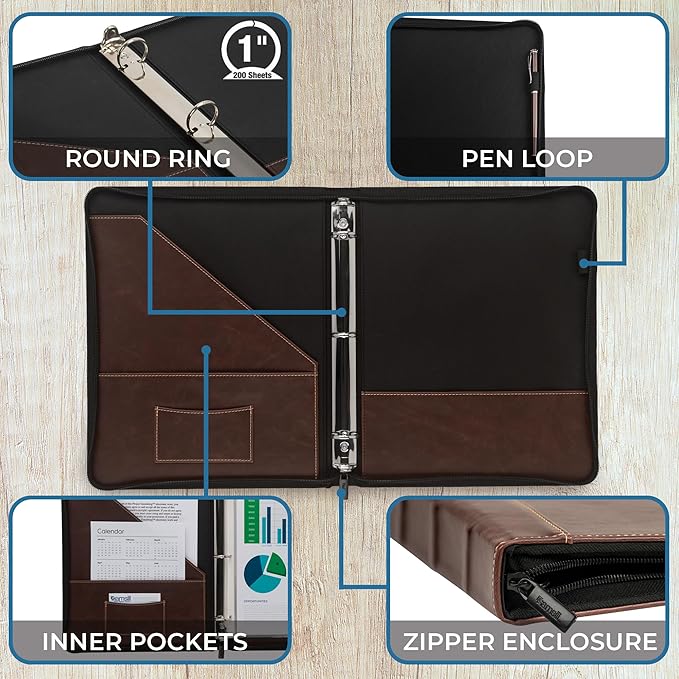 Samsill Vintage Leather Mini 3 Ring Zipper Binder, 1 Inch Round Ring Capacity (Holds 200 Sheets), 5.5 x 8.5 Inch Documents, Notebook Organizer, Planner, Brown with Contrast Stitching