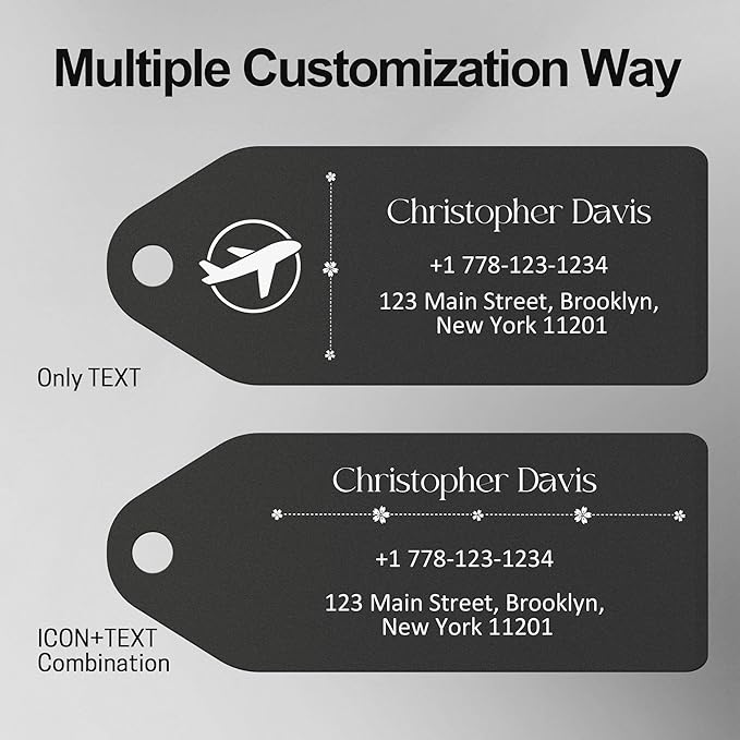 4 PCS Personalized Metal Luggage Tag – Personalized Engraved Suitcase Tag, Backpack Tag, with Matching Color Strap, Waterproof Suitcase Name Badge – Ideal Corporate Gift & Travel Accessory (Black)