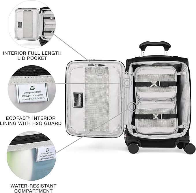 Travelpro VersaPack+ Lightweight Softside Expandable Carry on Luggage, 8 Spinner Suitcase, TSA Lock, Men and Women, Compact Carry On 20-Inch, Black