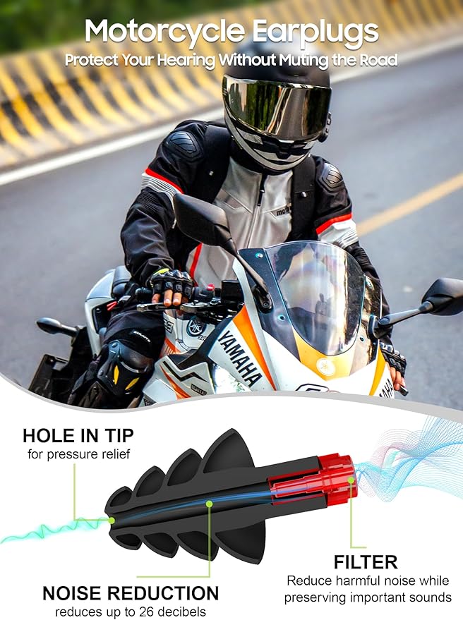 Motorcycle Ear Plugs, 2 Pairs Reusable Silicone, 26dB Wind Noise Reduction & Ear Protection Earplugs with Safety Cord & Travel Case, Comfort Fit for Motorbike, Highway Riding, Touring & Shooting