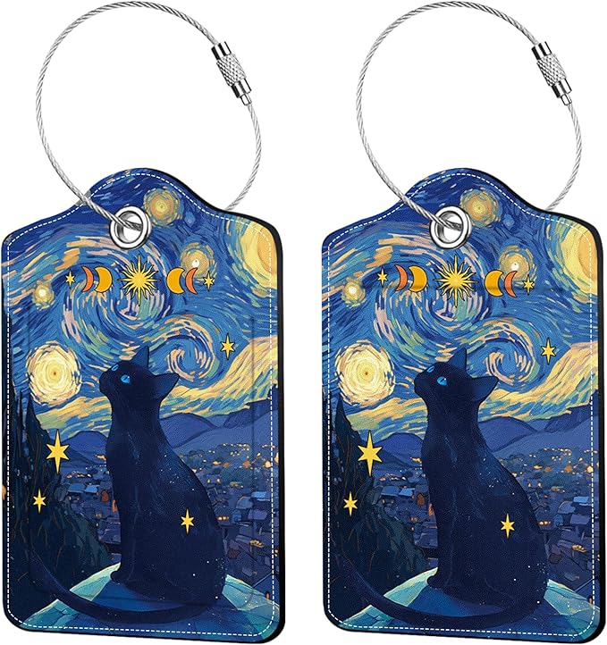 2 Pcs Colorful Luggage Tags for Suitcase, Cat Leather Luggage Tags Cute, Privacy Cover ID Label with Stainless Steel Loop & Address Card, Funny Cat Travel Bag Tag Luggage Accessories for Suitcases