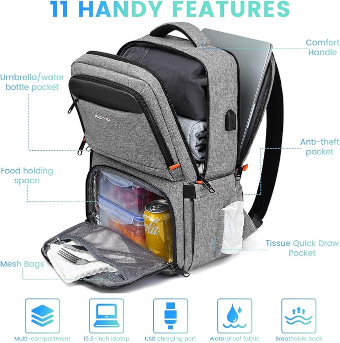 Lunch Backpack, Insulated Cooler Backpack Lunch Box for Men Women, 15.6 Inches RFID Blocking Laptop Backpack with USB Port for Work Travel Picnics Hiking Grey