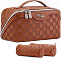 Travel Makeup Bag Organizer Cosmetic Bag: 3 Pcs Set Make up Bags for Women with Handle - Waterproof Vegan Leather Toiletry Bags with Comparments (C-10-Brown)