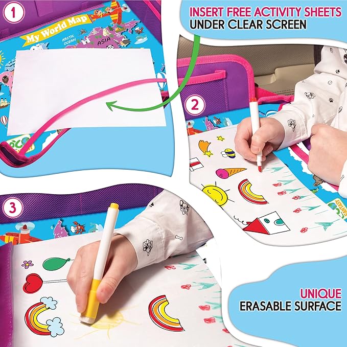 Kids Travel Tray - Waterproof Lap Table with No-Drop Large Tablet Holder - Car Seat Tray - Road Trip Essentials Kids - Car Desk Organizer for Airplane - Toddler Travel Essentials (Pink)