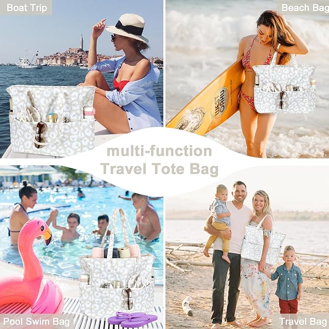 LEDAOU Large Beach Tote Bag Women Waterproof Sandproof Zipper Beach Tote Bag for Pool Gym Grocery Travel with Wet Pocket