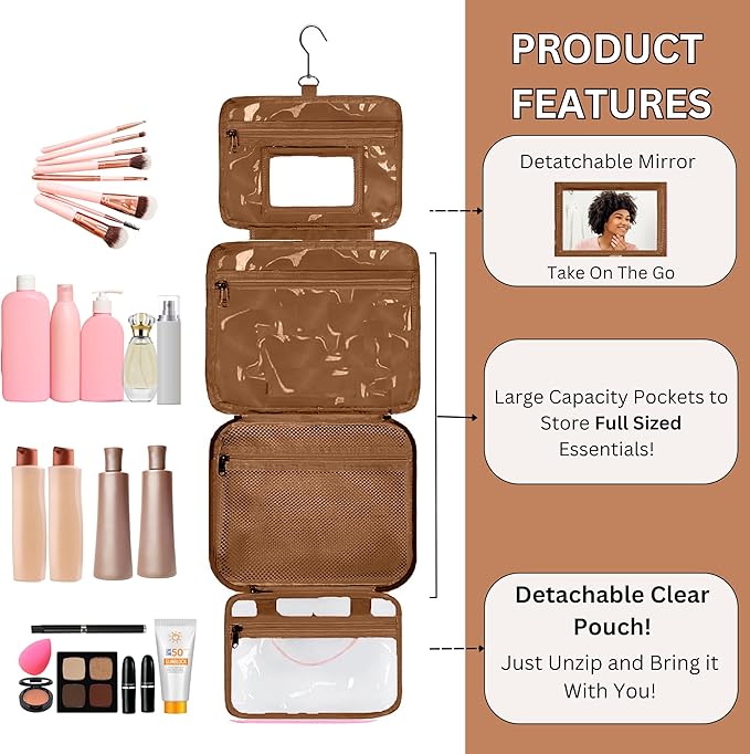 ESSENTE Women's Travel Toiletry Bag with Removable Pouch and Hanging Hook - Water Resistant Makeup Cosmetic Oraganizer with Multiple Compartments for Accessories (OFF WHITE FAUX LEATHER)
