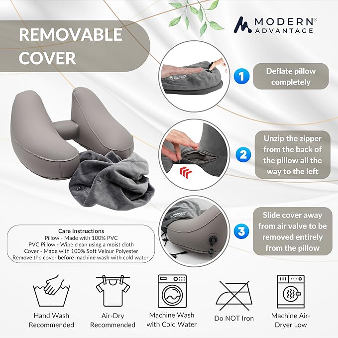 Modern Advantage Inflatable Travel Pillow for Airplanes – Hooded Neck Pillow with Adjustable Support – Comfortable, Compact & Travel-Friendly – Perfect for Sleeping on Long Flights (Grey)