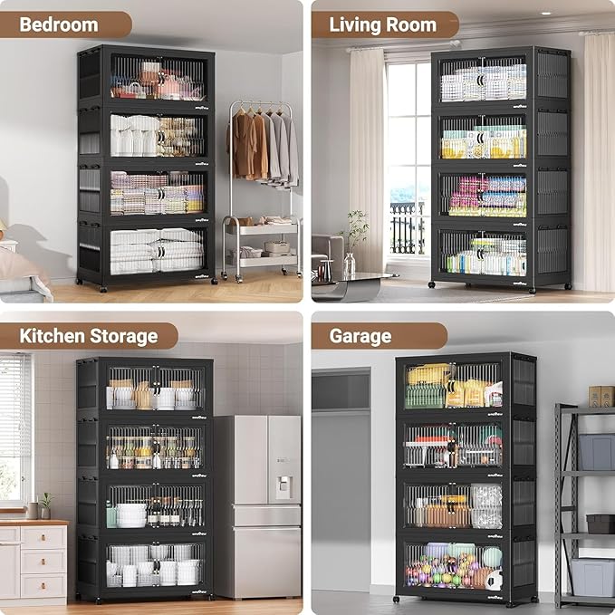 BROVIEW 600Qt Extra Large Stackable Storage Bins with Lid, Closet Organizer Collapsible Drawer Boxes with Wheels, Folding Plastic Cabinet Containers for Home Kitchen Room Organization, 3Pack Black