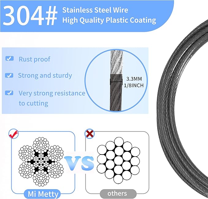 3.3mm (1/8 Inch) Outdoor Travel Stainless Steel Security Cable-15ft Luggage Lock Safety Wire Flexible Steel Wire Rope with Double Loop Safety for Luggage, Bike, Lock(Black, 15ft-(1Pack)