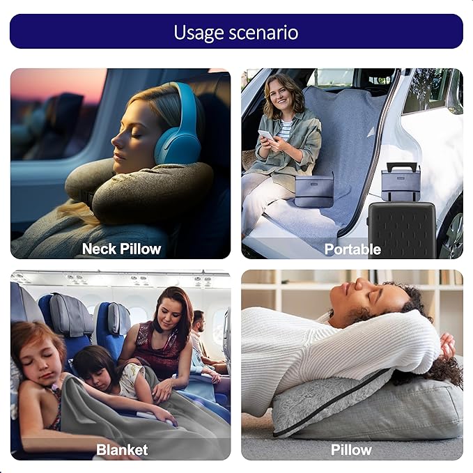 3-in-1 Travel Pillow Blanket Set - Soft Flannel Convertible Pillow, Blanket & Neck Pillow with Backpack Clip | Compact Travel Essentials for Airplane, Car, Office, Grey