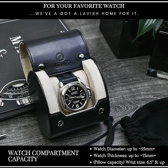 Black/Ivory - 1 Watch Travel Case for Men - Single Watch Case Storage - Gift Idea Travel Accessory - Jade Black/Ivory - Mirage Watch Roll Cases Vegan Leather