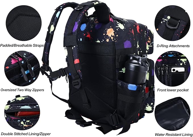 LHI Military Tactical Backpack for Men and Women 45L Army 3 Days Assault Pack Bag Large Rucksack with Molle System - Fluorescent Tie Dye