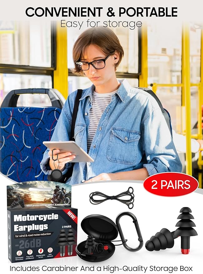 Motorcycle Ear Plugs, 2 Pairs Reusable Silicone, 26dB Wind Noise Reduction & Ear Protection Earplugs with Safety Cord & Travel Case, Comfort Fit for Motorbike, Highway Riding, Touring & Shooting