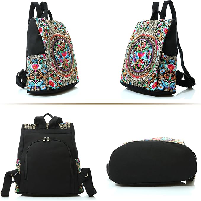 Jursccu Embroidered Women Backpack Purse, Fashion Canvas Travel Anti-theft Rucksack Shoulder Bag (Flower Embroidery)