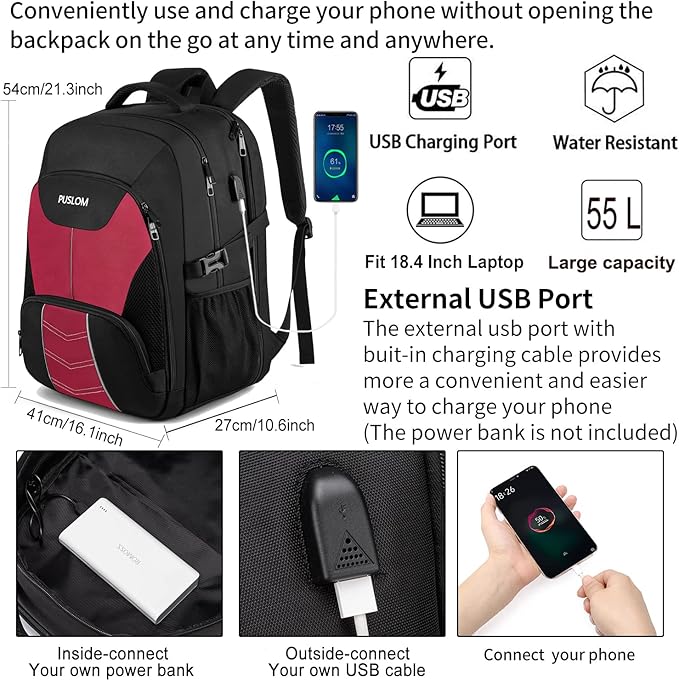 PUSLOM Extra Large Travel Laptop Backpack for Men 55L,Water Resistant 18.4 inch Big Business Laptop bags with USB Charging Port,TSA Friendly Anti Theft Computer Bag for Work College,Red