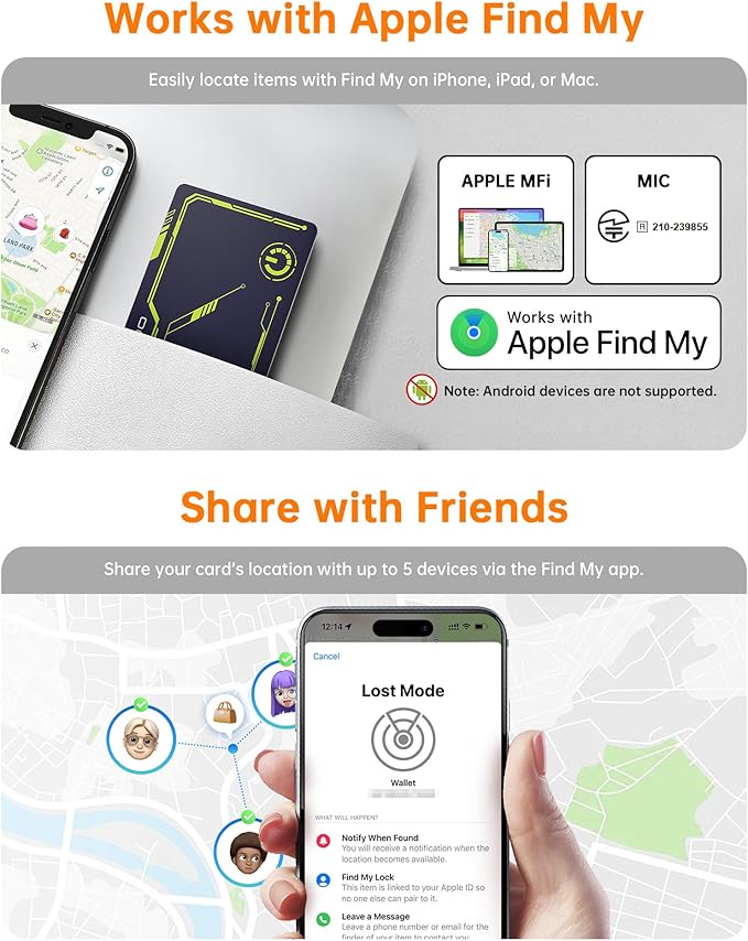 NOVOO Air Locator Tag (iOS Only) Wallet Tracker Card with Apple Find My, Smart Card Bluetooth Tracker, 6 Years Battery, IP68 Waterproof, Keys Finder and Item Locator for Keys, Bags, Passport (BL)