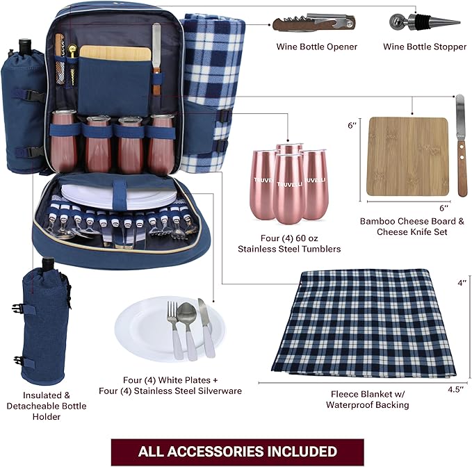 Truvelli Picnic Backpack for 4 with Blanket – 12-in-1 Insulated Picnic Basket Backpack Set with‬ Wine Holder, Cheese Board & Cutlery – Premium Picnic Back Pack for Family & Group‬ Adventures, Blue