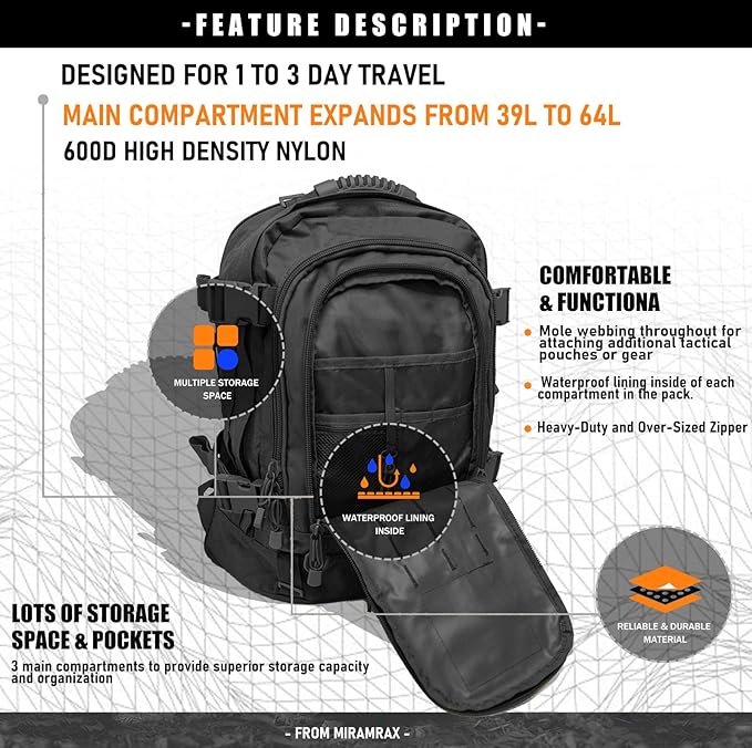 Tactical Backpack Military Backpacks for Men Army Expandable 3 Day Assault Pack Molle Backpacks Bug Out Bag for Camping Hiking Rucksack Fishing