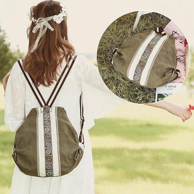 Goodhan Women Canvas Backpack Daypack Casual Shoulder Bag, Vintage Heavy-duty Anti-theft Travel Backpack