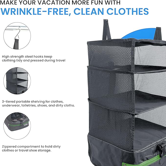 Grand Fusion Stow-N-Go Travel Luggage Organizer – Portable Hanging Travel Shelves, Carry-On Closet Organizer, Hanging Packing Cubes, Collapsible Carry-On Organizer for Cruises & Hotels. Dark Gray - L