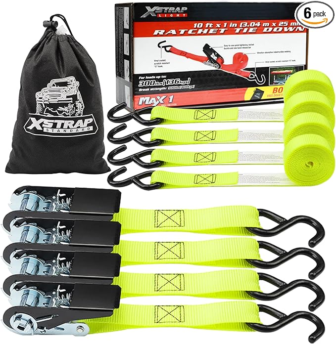 XSTRAP STANDARD Ratchet Tie Down Straps 4 Pk 10 Ft- 300 Lbs Load Cap- 900 Lbs Break Strength-Cargo Straps for UTV, ATV, Pickup,Truck, Moving Appliances, Lawn Equipment, Yellow
