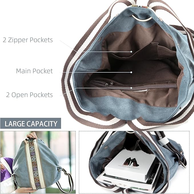 Goodhan Women Canvas Backpack Daypack Casual Shoulder Bag, Vintage Heavy-duty Anti-theft Travel Backpack (Blue Grey)