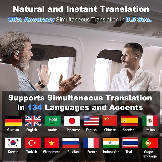 AI Translation Earbuds Real Time, 3-in-1 Translator Earbuds 134 Languages & Accents and Long Battery Life, HF Sound, Spanish/English Audífonos Traductores for Travel Business Learning, Black