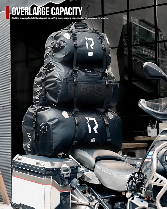 IRON JIA'S Motorcycle Dry Bag - Waterproof Duffle & Luggage Tail Bag Saddle Bags with Roll Top Closure, Shoulder Straps, Inner Pocket and Mesh Pocket (Navy Blue, 30L)