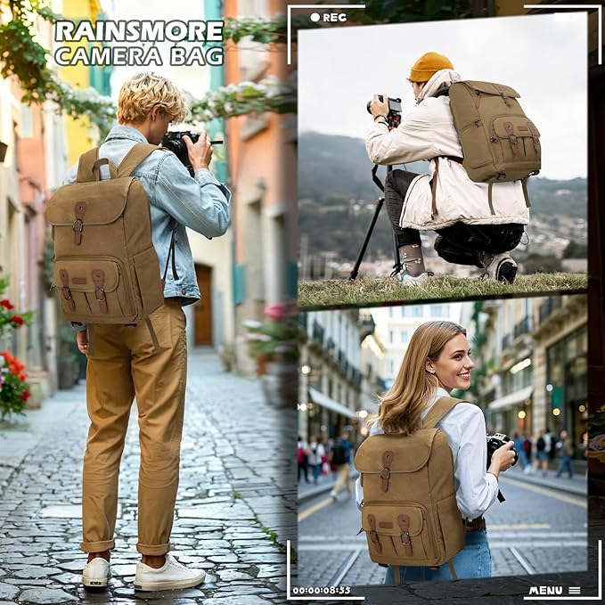 RAINSMORE Camera Bag Backpack for DSLR/SLR Mirrorless 15.6 Inch Laptop Camera Back Pack for Photographers Anti-Theft Photography Bags Case with Tripod Holder & Rain Cover, Khaki