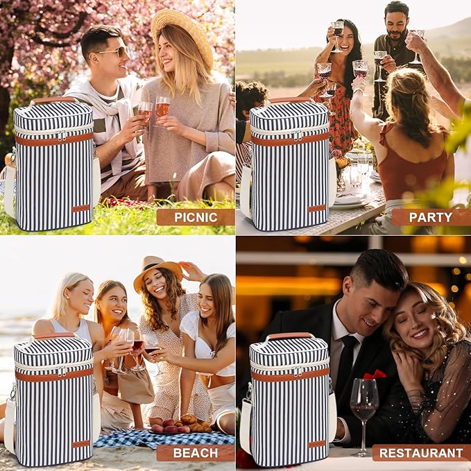 2 Bottle Wine Bag Wine Cooler Carrier Wine Gift Tote Bag, Leakproof & Insulated Bottle Bags for Travel, BYOB, Beach, Dinner, Party, Christmas Gifts for Wines Lovers Women Men - Navy Stripe