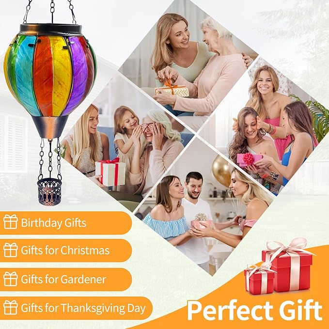 Colorful Hot Air Balloon Solar Lantern with Flickering Flame Light Glass Hanging Solar Lanterns Outdoor Waterproof for Garden Tree Yard Patio Party Decor