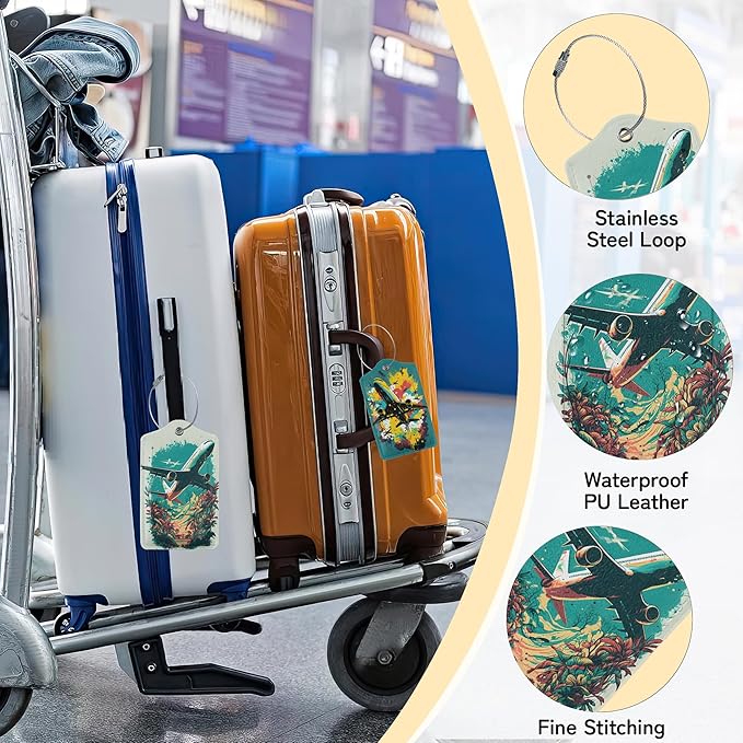 Airplane in The Sky Luggage Tags for Suitcase,3 Pack Luggage Tag Leather Privacy Cover ID Label with Stainless Steel Loop for Women Men