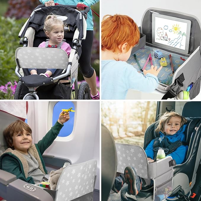 MENZOKE Kids Travel Tray Car Seat Tray for Boys or Girls Travel Gifts with Educational Drawing Board, Tablet Holder & Cooler Cup Holder, Road Trip Essentials for Car Trip, Airplane, Grey