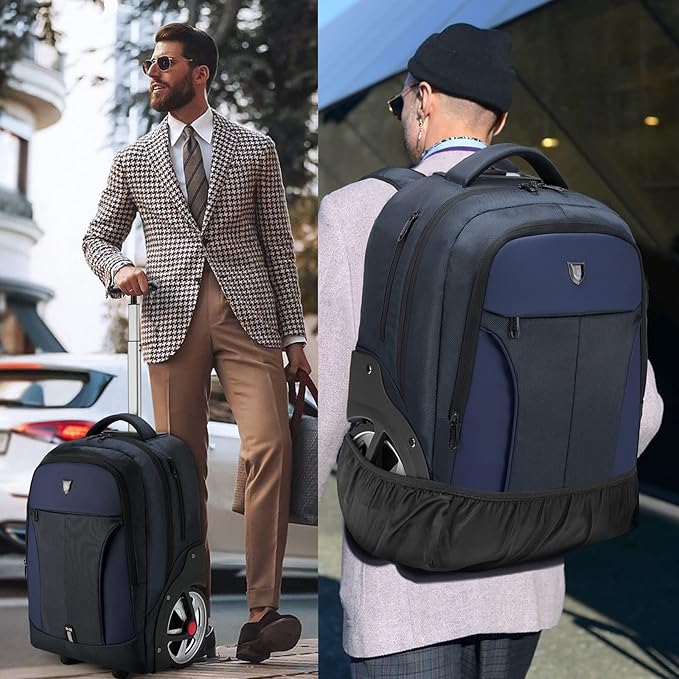 Rolling Backpack,Waterproof Backpack with Wheels for Business and Travel Commuter, Carry on Backpack with Laptop Compartment, Fit 17 Inch Laptop, Wheeled Backpack for Adults