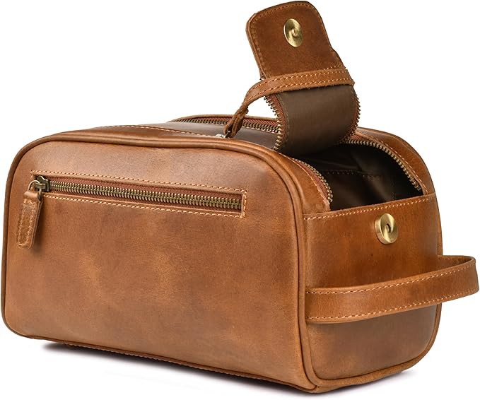 LEATHER VILLAGE Premium Leather Toiletry Travel Pouch With Waterproof Lining - Sun Tan | King-Size Handcrafted Vintage Dopp Kit Bag