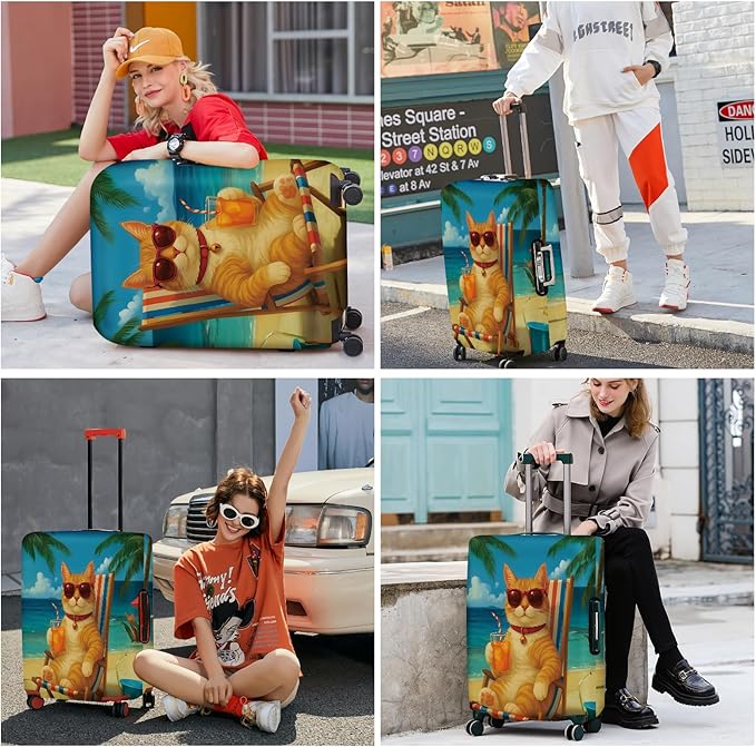 ANNA QUEEN Summer Cat Luggage Cover, Cat in Sunglasses with a Beach Drink, Stretchable, Washable Travel Protector for 24-26 Inch Suitcases