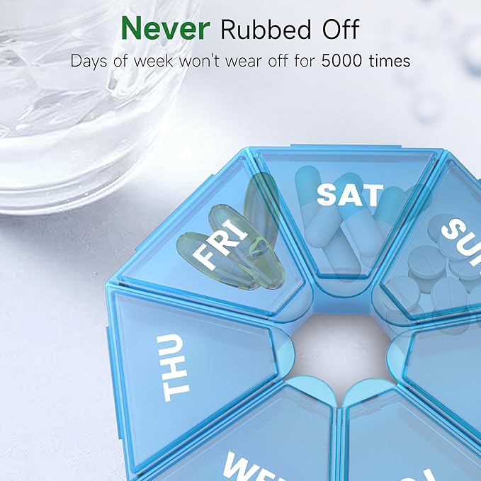 Weekly Pill Organizer, 2 Pack Portable Pill Box Medicine case 6 Colors (Seven Day) New Edition for Vitamin/Fish Oil/Pills/Supplements-Arthritis Friendly (Blue)