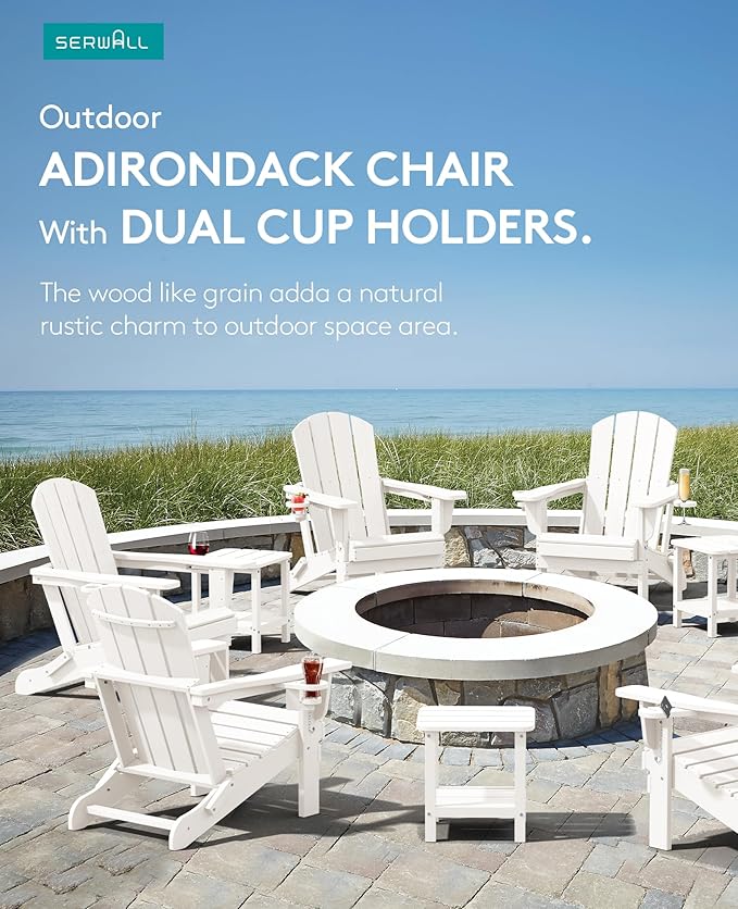 SERWALL Adirondack Chair with Cup Holders - Composite Adirondack Chairs HDPE Outdoor Chairs All Weather Use- White