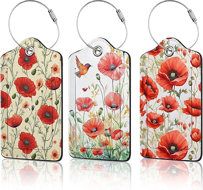 3 PCS Red Poppy Flower Luggage Tags,Suitcase Tags Privacy Cover ID Label with Stainless Steel Loop and Address Card for Travel Bag Suitcase