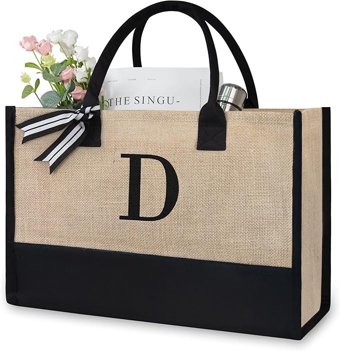 TOPDesign Initial Jute/Canvas Tote Bag, Personalized Present Bag, Suitable for Wedding, Birthday, Beach, Holiday, is a Great Gift for Women, Mom, Teachers, Friends, Bridesmaids (Letter D)