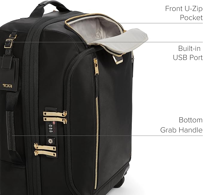 TUMI - Voyageur Leger 4 Wheeled Luggage - Women's Lightweight and Spacious, Sleek Silhouette, Durable Premium Suitcase - 21.8" Continental Expandable Carry-On, Black with Gold Hardware
